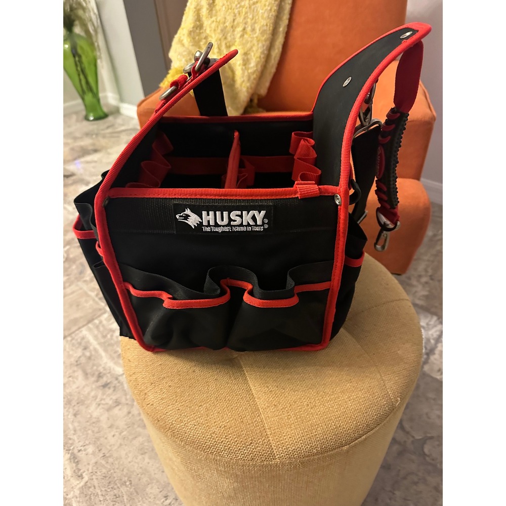Husky 10 Inch Open Top Tool Tote Bag Black and Red Organizer with Shoulder Strap